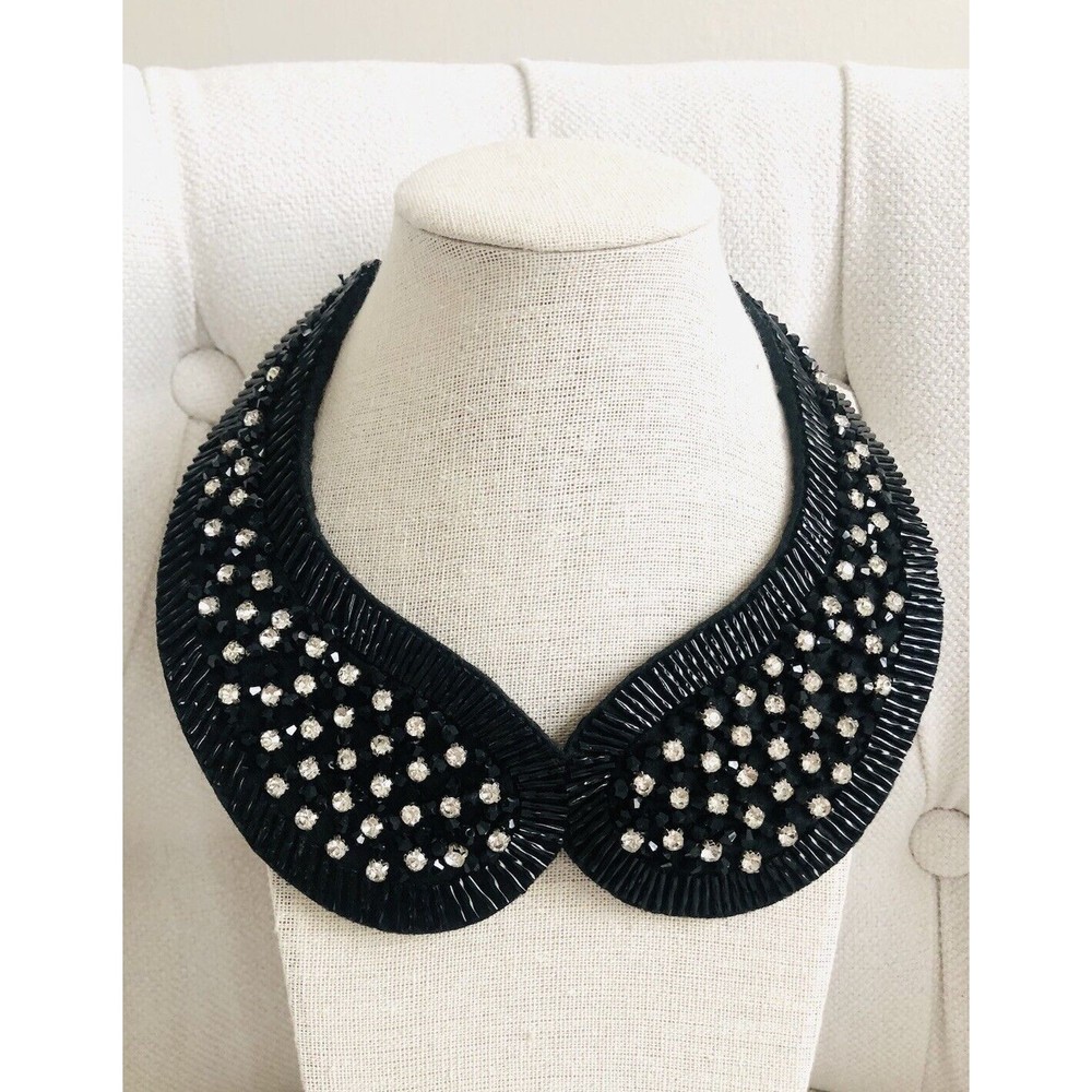 Natasha Black Crystal Bead &Rhinestones Collar Necklace Signed